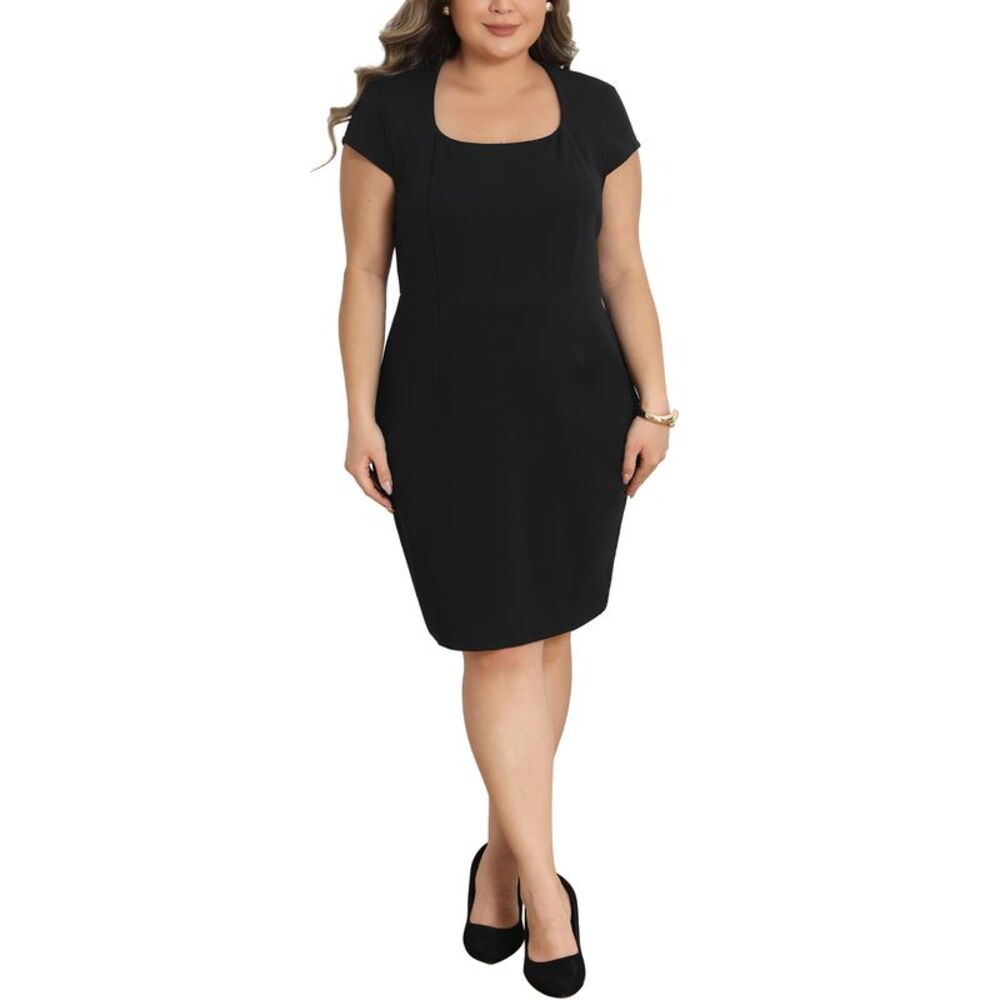 Women Plus Size Cap Sleeve Square Neck Office Pencil Dress Black